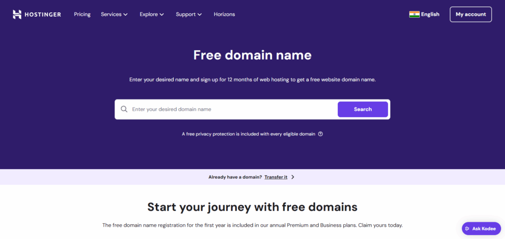 Hostinger’s Free Domain Offer Page