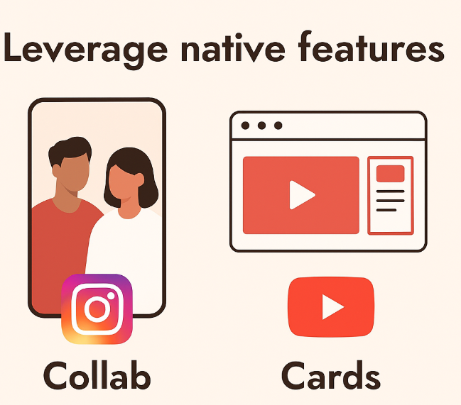 Leverage native features (IG Collab, YouTube cards)