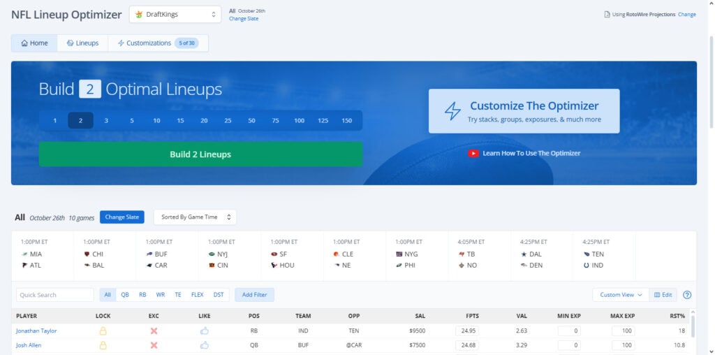 RotoWire NFL Optimizer