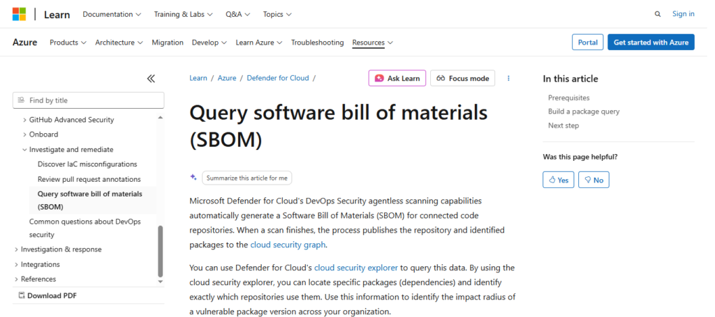 Microsoft Defender for DevOps SBOM AI