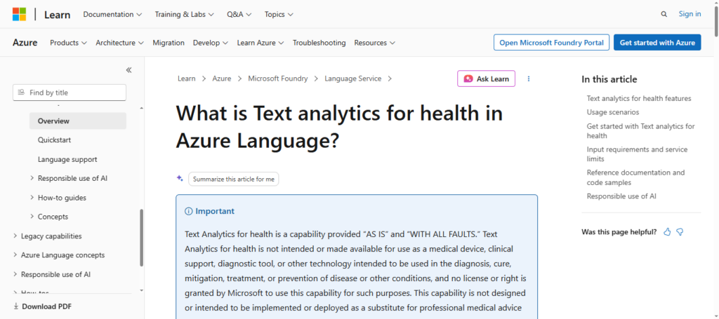Microsoft Azure Text Analytics for Health
