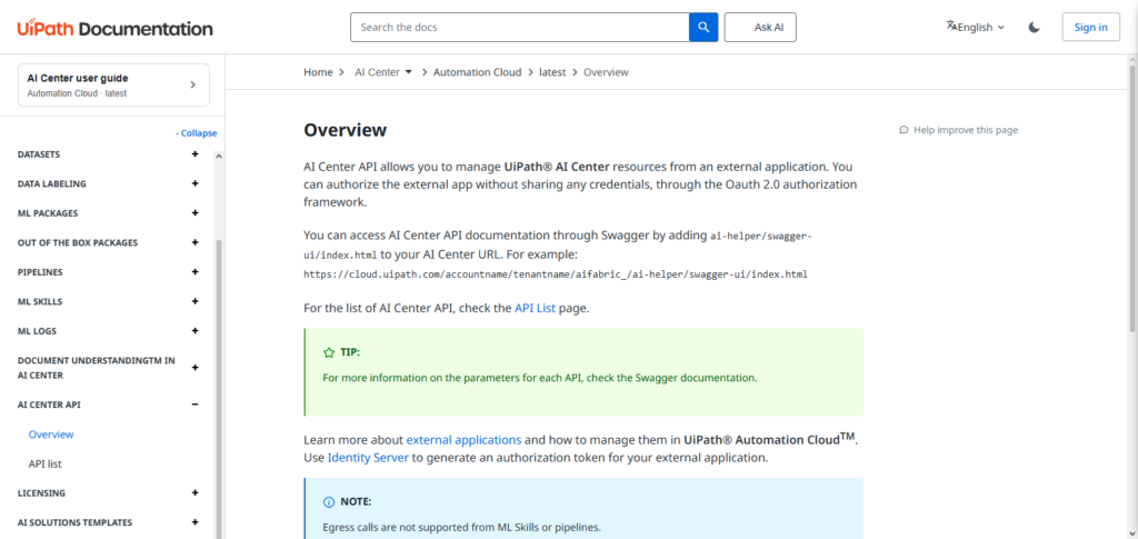 UiPath AI Center API